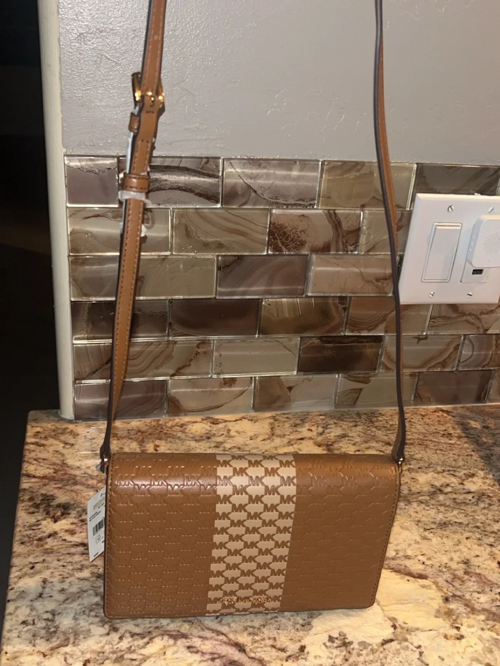 Michael Kors Brown and Cream Patterned Crossbody